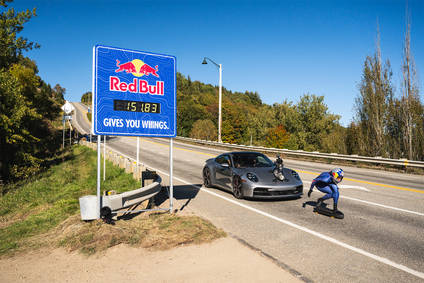 Red Bull Downhill Skateboard and Helmet