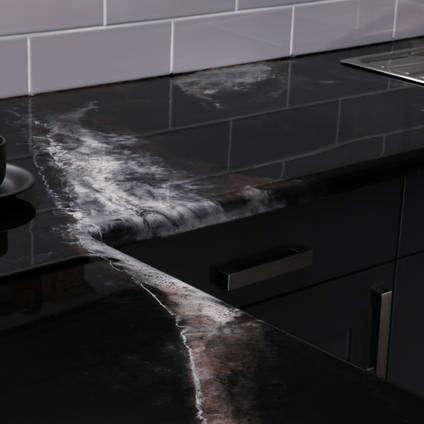 GlassCast Cosmic Black Granite Resin Countertop Side and Sink